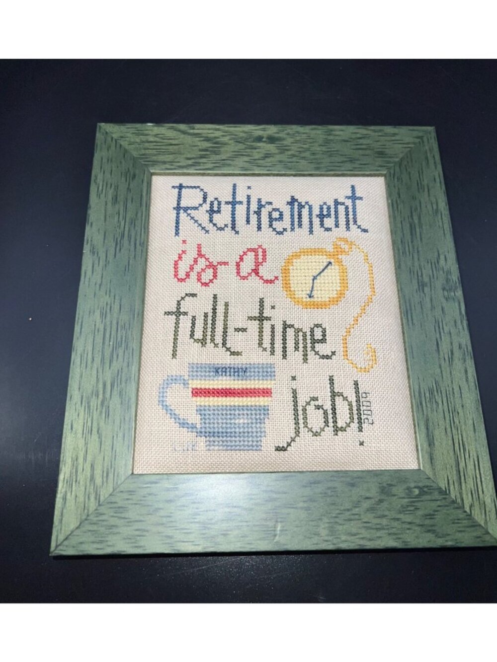 Retirement-Themed Cross-Stitch Wall Art Green Frame  Retirement Gift Handmade